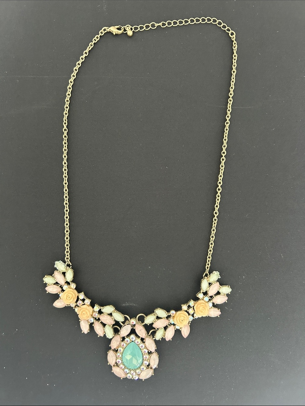Gold Floral Statement Necklace with Mint and Pale Pink Accents